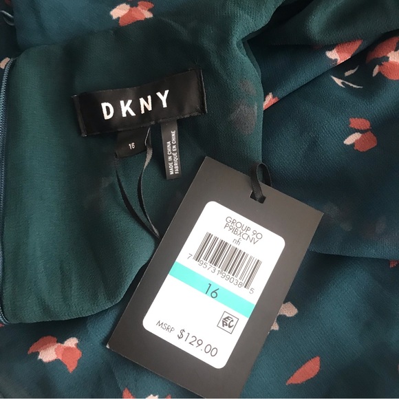 DKNY-DONNA KAREN Dress Handkerchief Hem High Neck Belted Green Floral Sz 16 - Picture 10 of 13